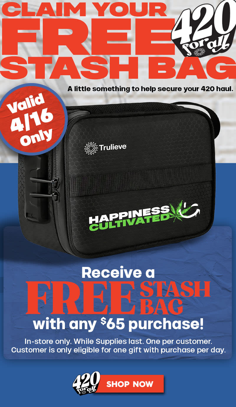 Trulieve GWP | Stash Bag: Offer is valid 4/16/2025 in Florida locations only. Gift with purchase available in-store while supplies last. Customer must spend $65 after discounts to receive the free gift. First come first serve, one gift per patient. Customer is only eligible for one gift with purchase per day. Please see dispensary associate for more details. Product variety, availability, and THC% may vary by Florida location.