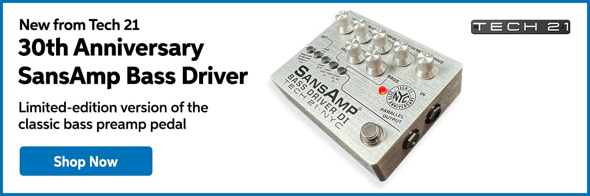 New from Tech 21: 30th anniversary SansAmp bass driver. Limited-edition version of the classic bass preamp pedal. Shop now.