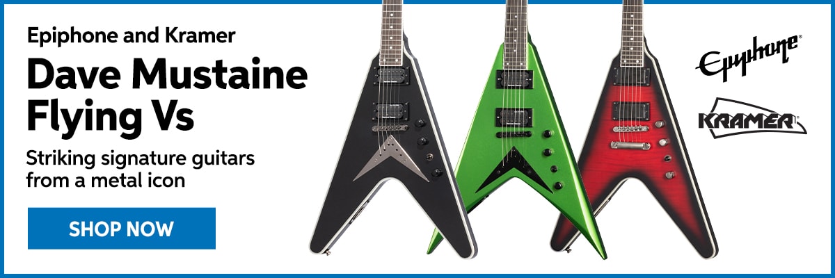 Epiphone and Kramer Dave Mustaine Flying Vs. Striking signature guitars from a metal icon. Shop now.