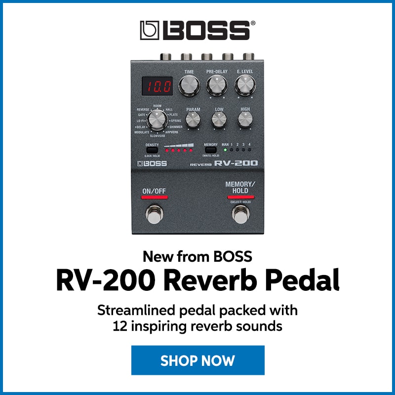 New from BOSS: RV-200 reverb pedal. Streamlined pedal packed with 12 inspiring reverb sounds. Shop now.