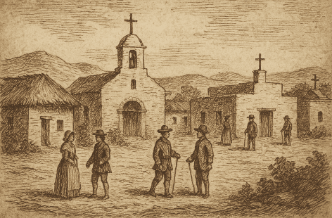 Sepia sketch of a Spanish-style pueblo settlement.