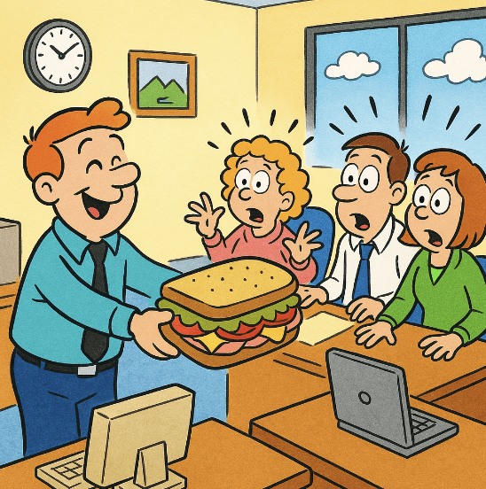 A cartoon of a dock worker holding a sub sandwich with a grin.