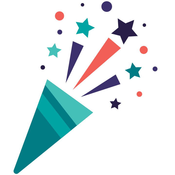 Graphic of a celebration popper shooting out stars and confetti